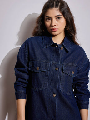 Navy Blue Denim Back Heart Patch Shacket-SASSAFRAS