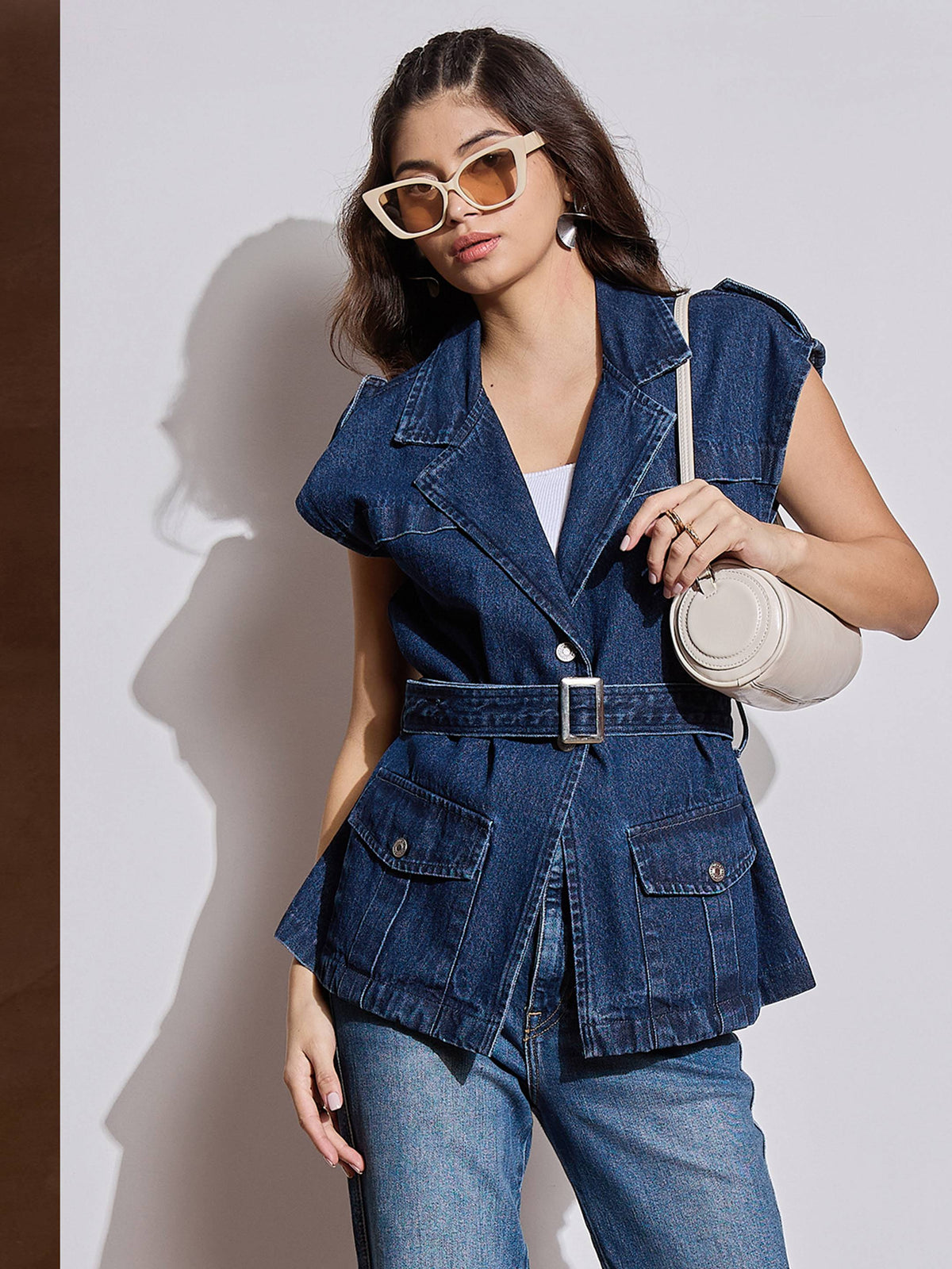 Blue Washed Pocket Detail Sleeveless Belted Jacket -SASSAFRAS