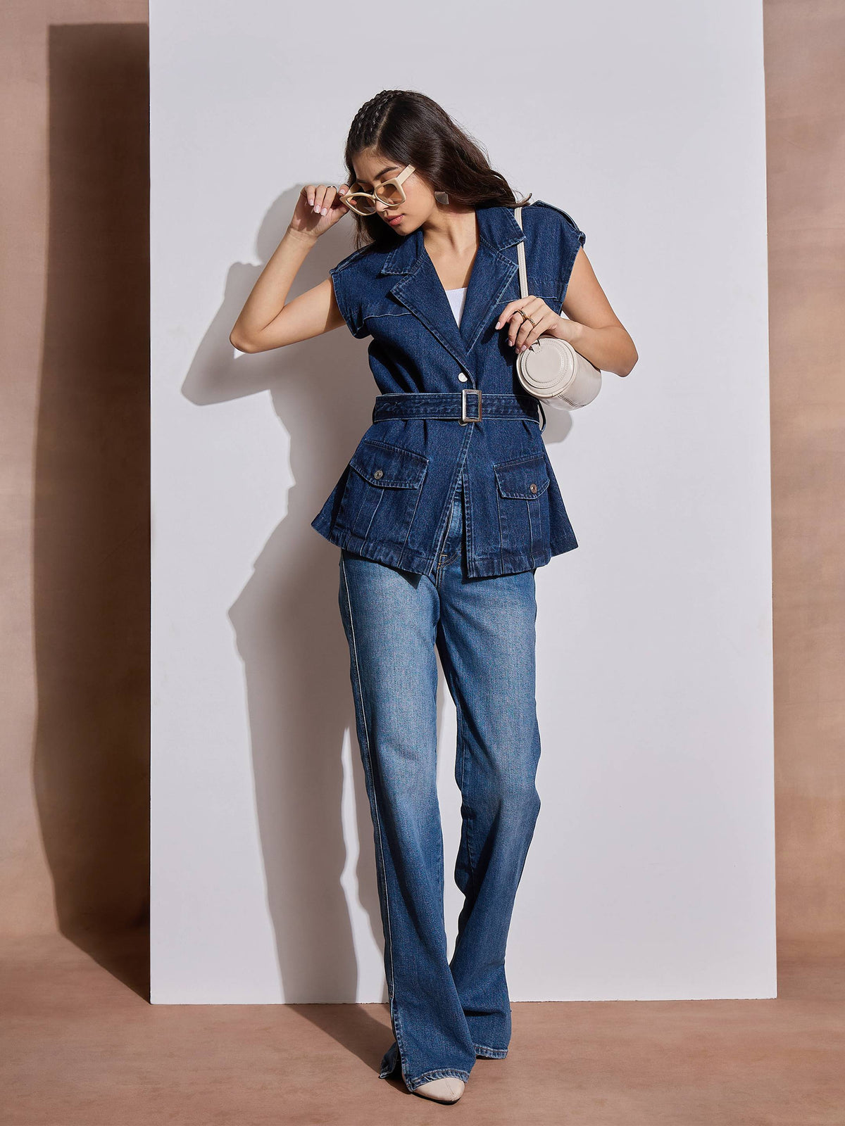 Blue Washed Pocket Detail Sleeveless Belted Jacket -SASSAFRAS