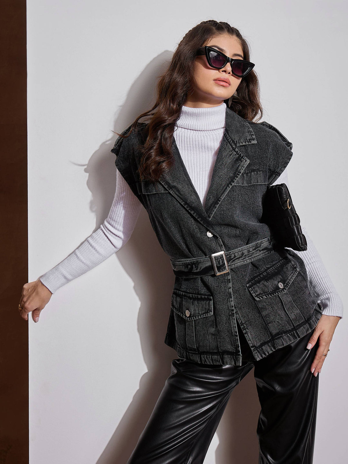 Black Washed Pocket Detail Sleeveless Belted Jacket -SASSAFRAS