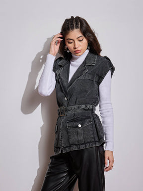 Black Washed Pocket Detail Sleeveless Belted Jacket -SASSAFRAS