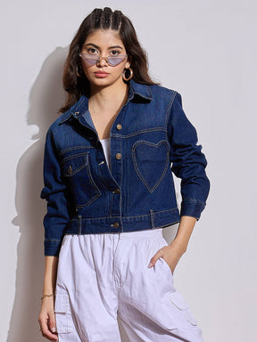 Blue Denim Heart Pockets Crop Jacket-SASSAFRAS