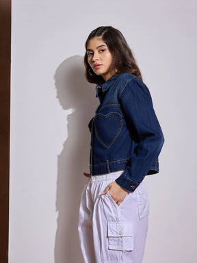 Blue Denim Heart Pockets Crop Jacket-SASSAFRAS