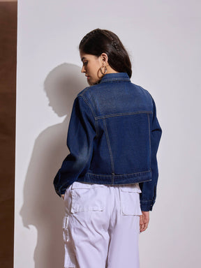 Blue Denim Heart Pockets Crop Jacket-SASSAFRAS