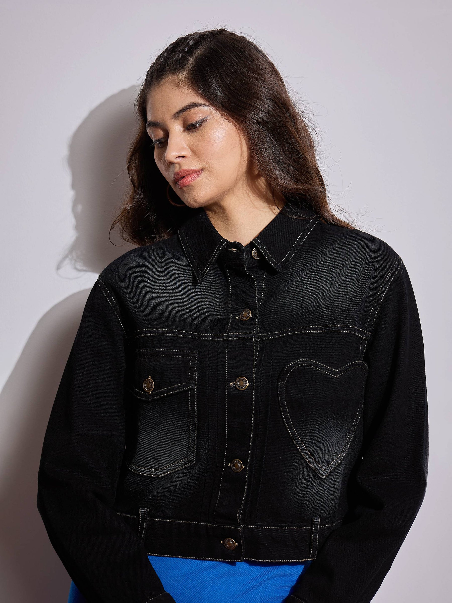 Black Denim Heart Pockets Crop Jacket-SASSAFRAS