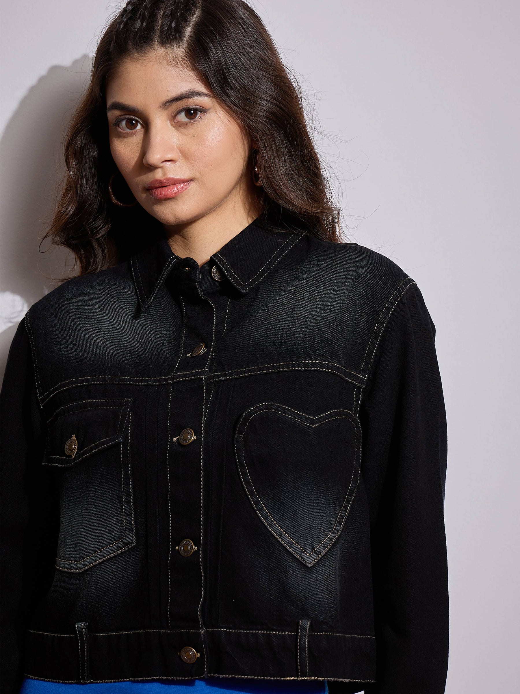 Black Denim Heart Pockets Crop Jacket-SASSAFRAS