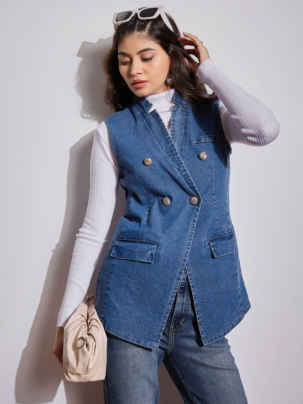 Blue Denim Flap Pocket Sleeveless Jacket -SASSAFRAS