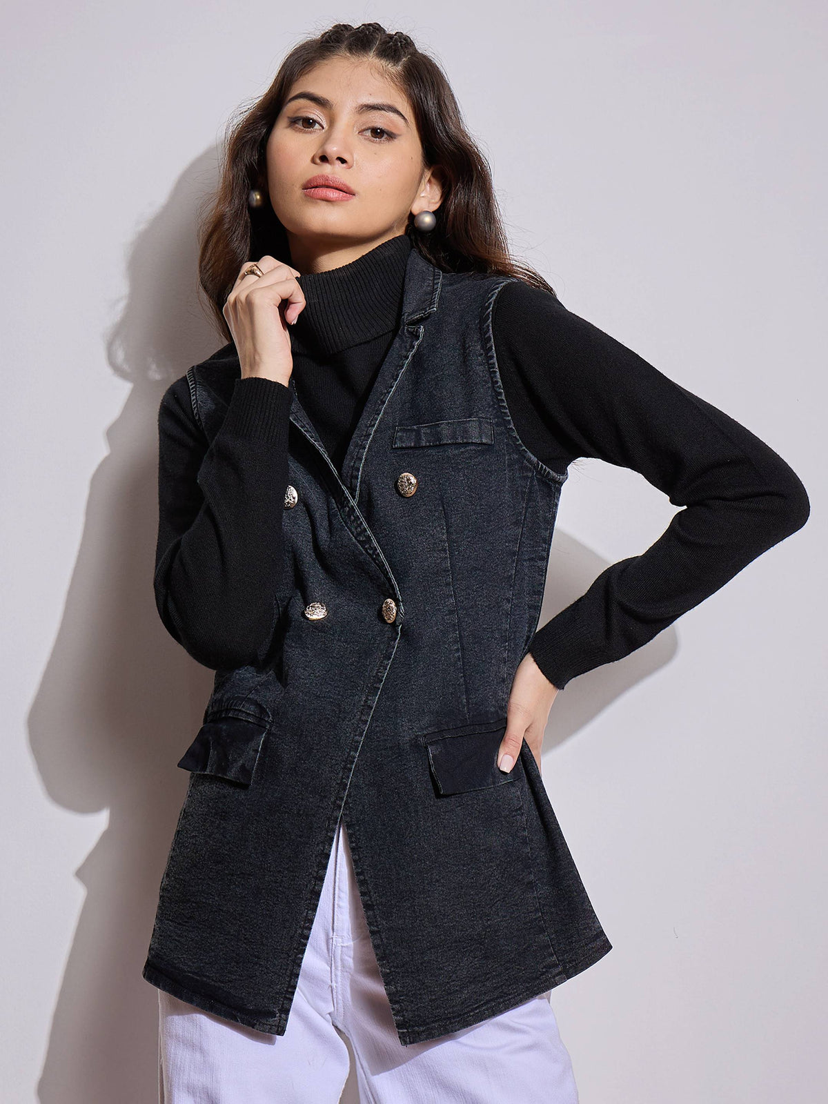 Black Denim Flap Pocket Sleeveless Jacket -SASSAFRAS