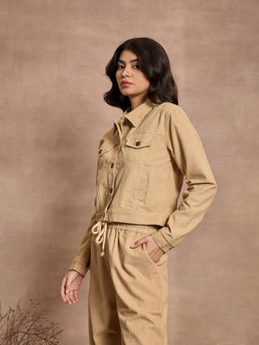 Beige Corduroy Full Sleeve Jacket-SASSAFRAS