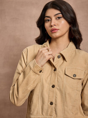 Beige Corduroy Full Sleeve Jacket-SASSAFRAS