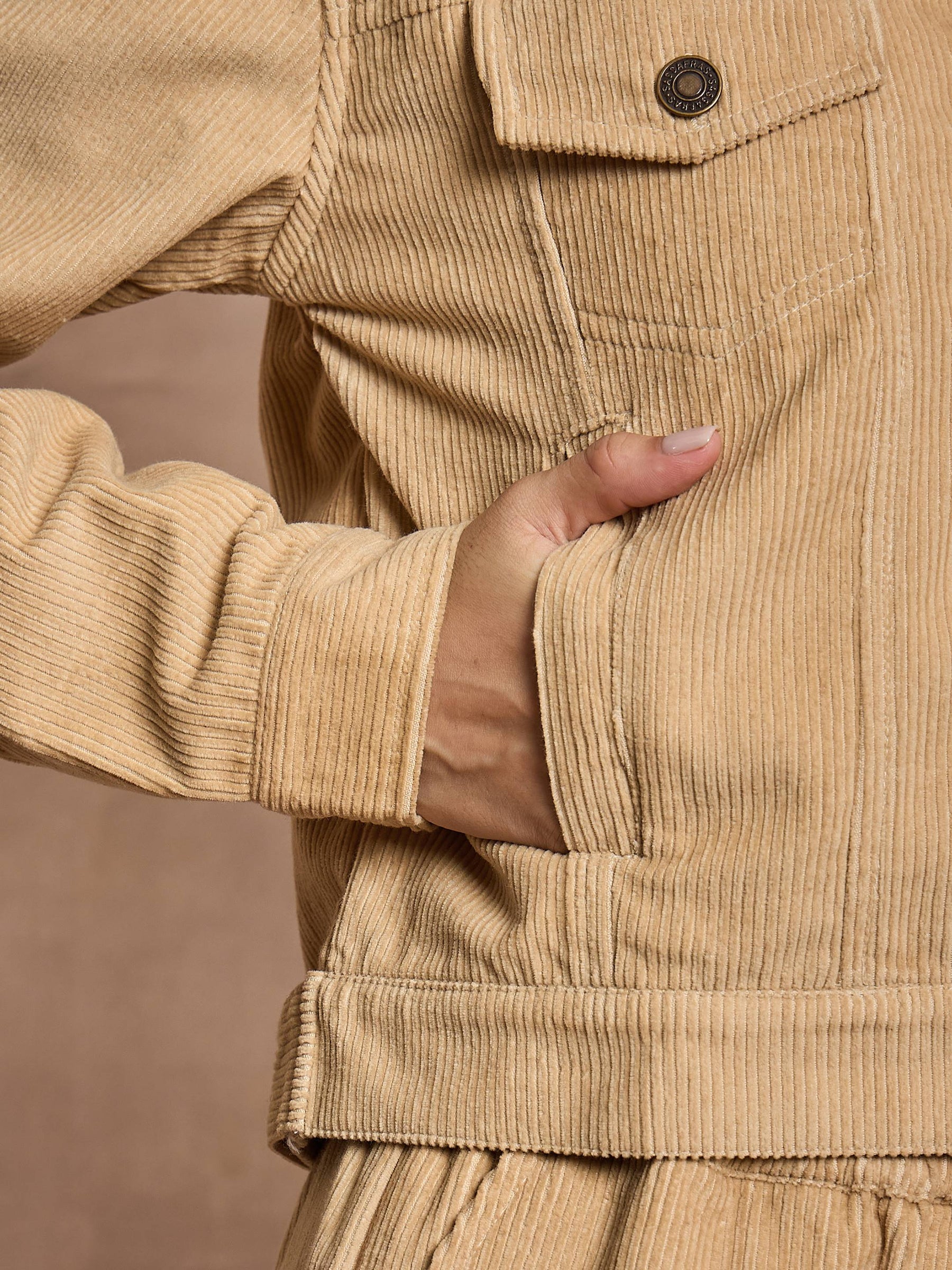 Beige Corduroy Full Sleeve Jacket-SASSAFRAS