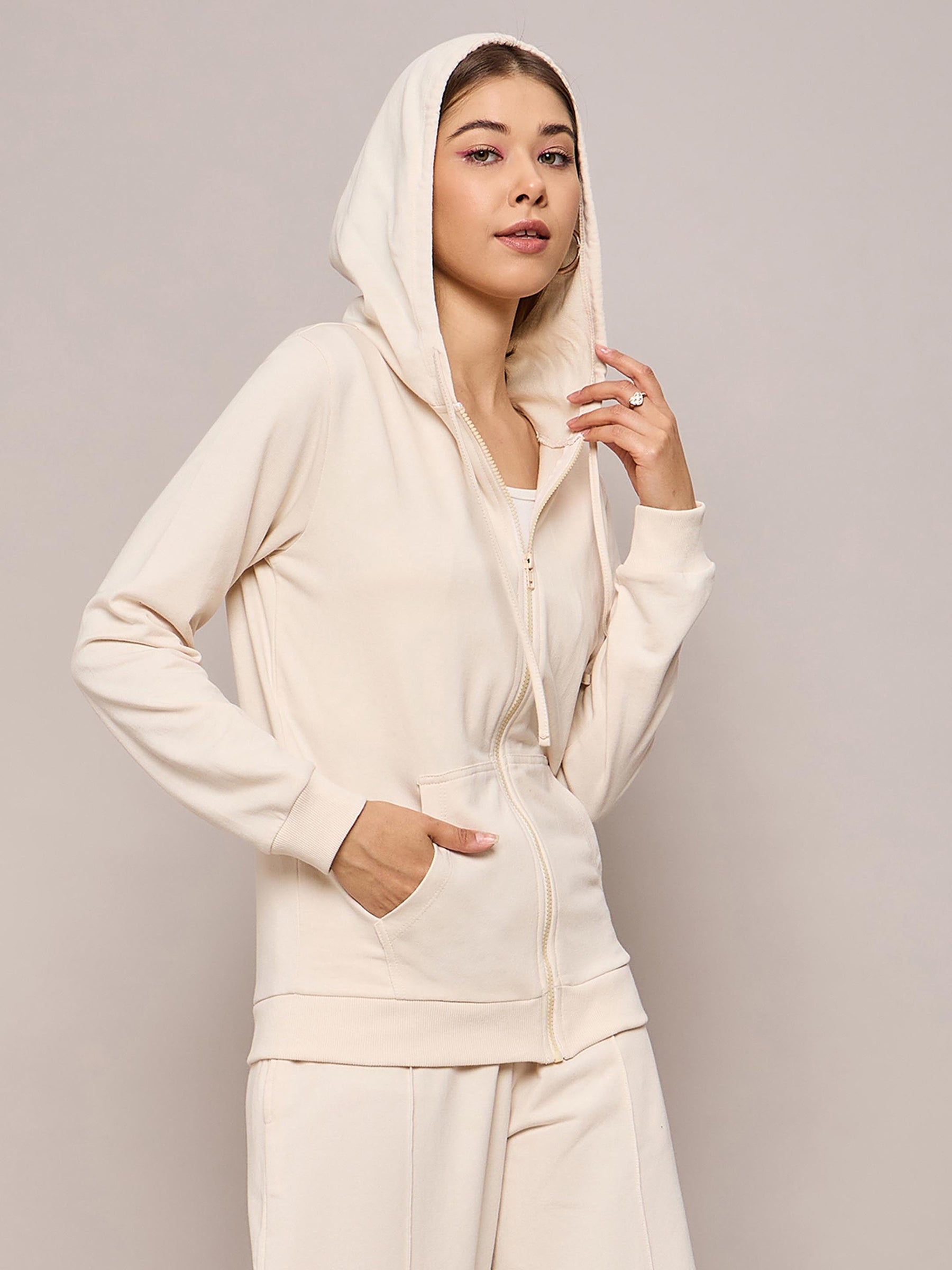 Buy Off White Terry Hoodie Jacket Online At Best Price