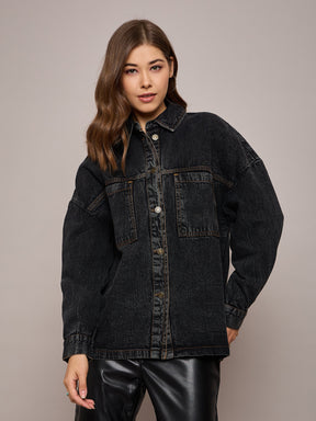 Black Denim Oversized Jacket-SASSAFRAS BASICS