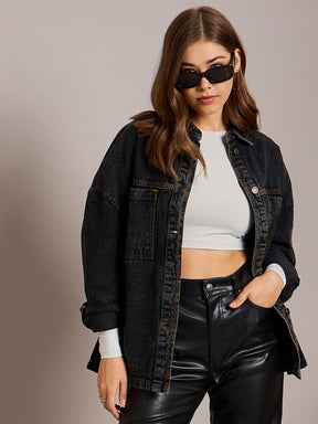 Black Denim Oversized Jacket-SASSAFRAS BASICS