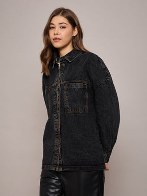 Black Denim Oversized Jacket-SASSAFRAS BASICS