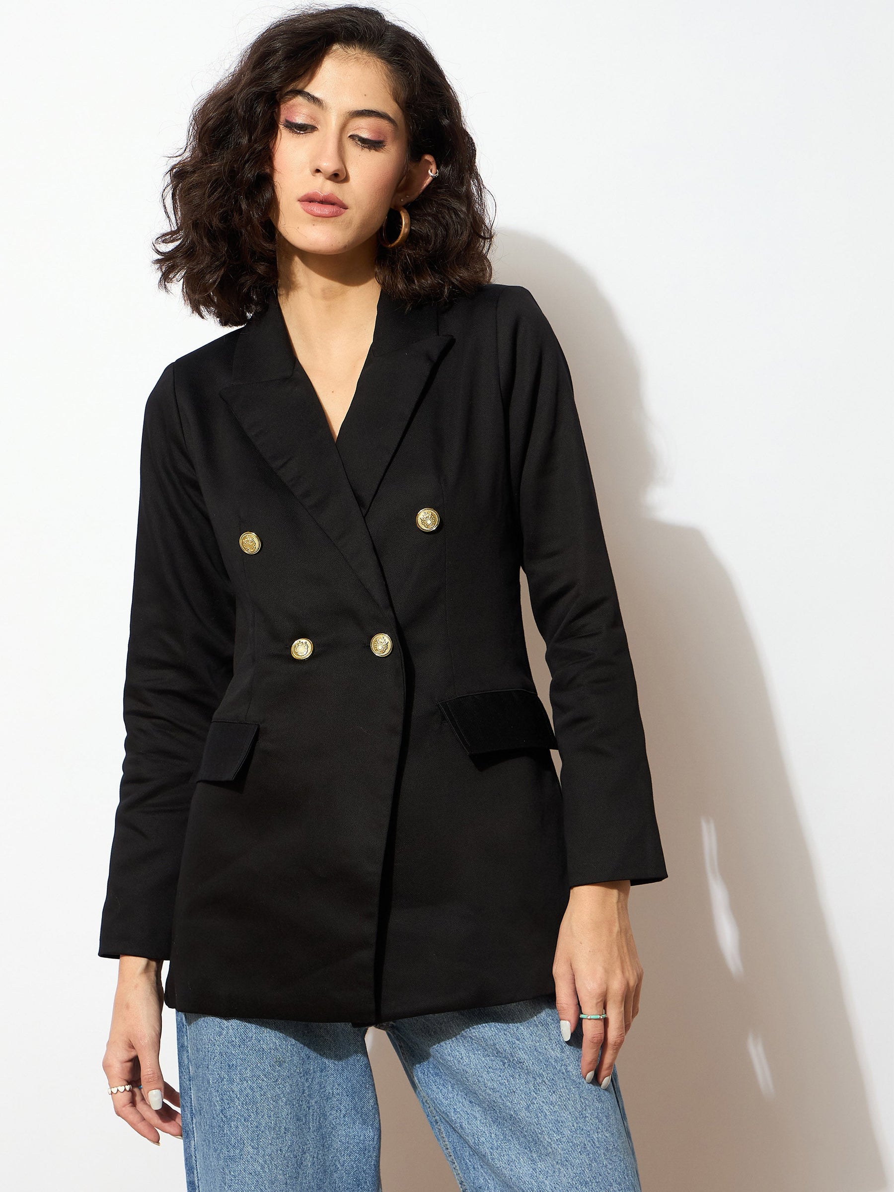 Black Full Sleeves Double Breasted Blazer -SASSAFRAS