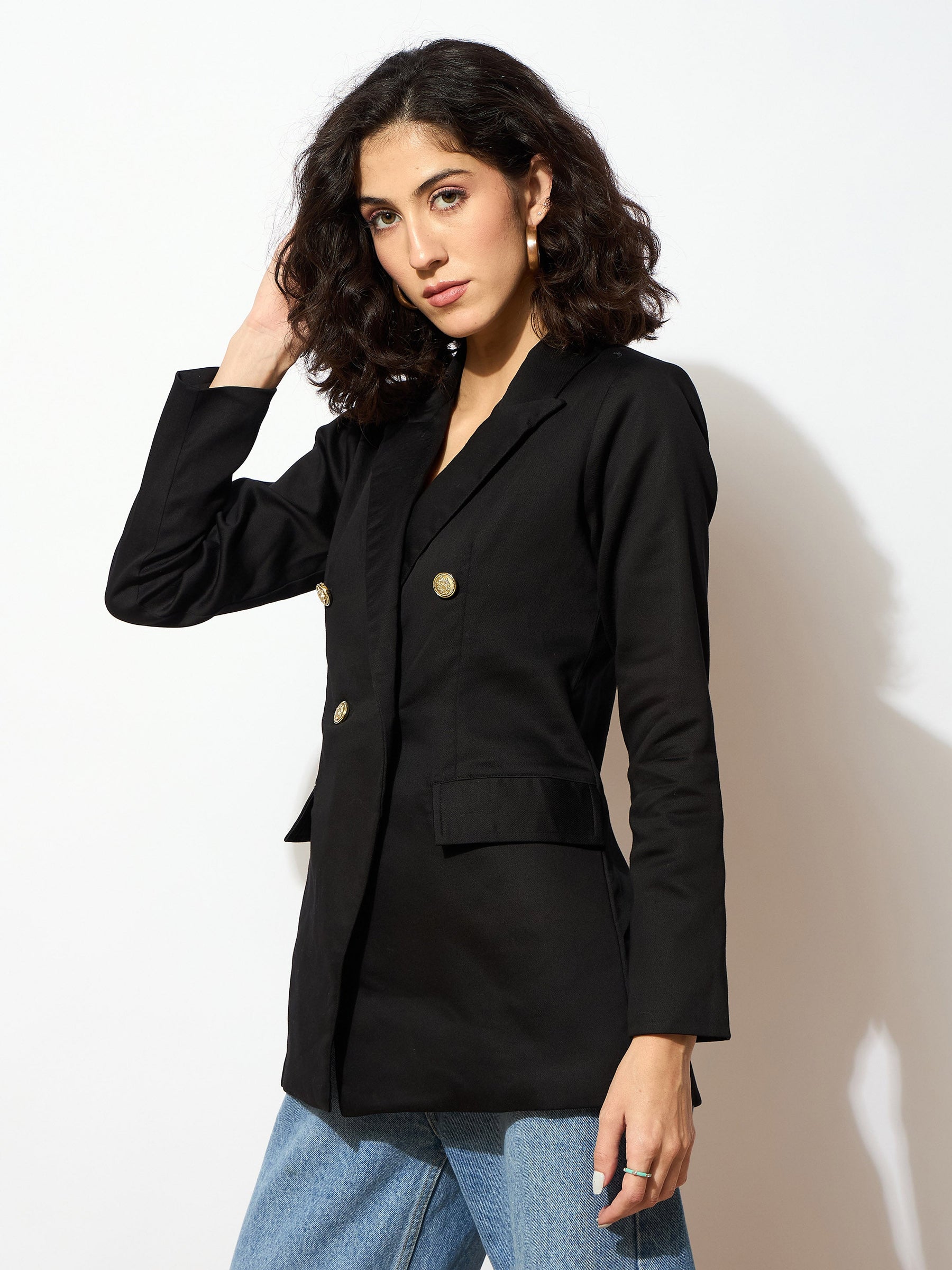 Black Full Sleeves Double Breasted Blazer -SASSAFRAS