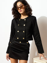 Black Twiill Double Breasted Crop Blazer-SASSAFRAS