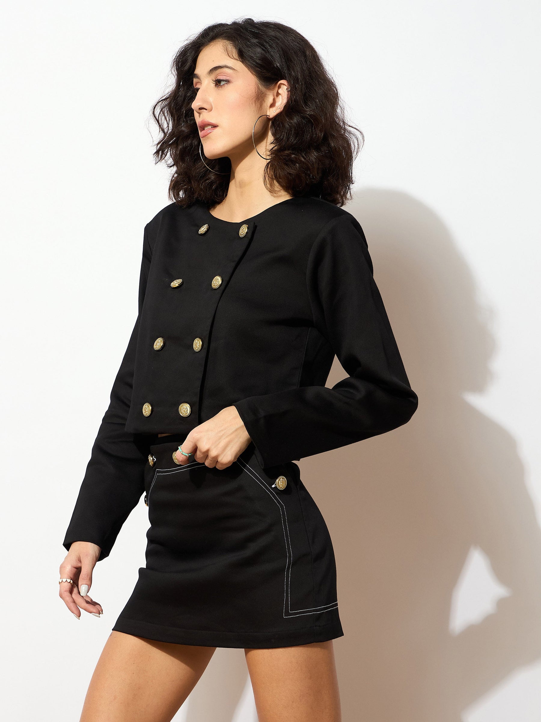 Black Twiill Double Breasted Crop Blazer-SASSAFRAS