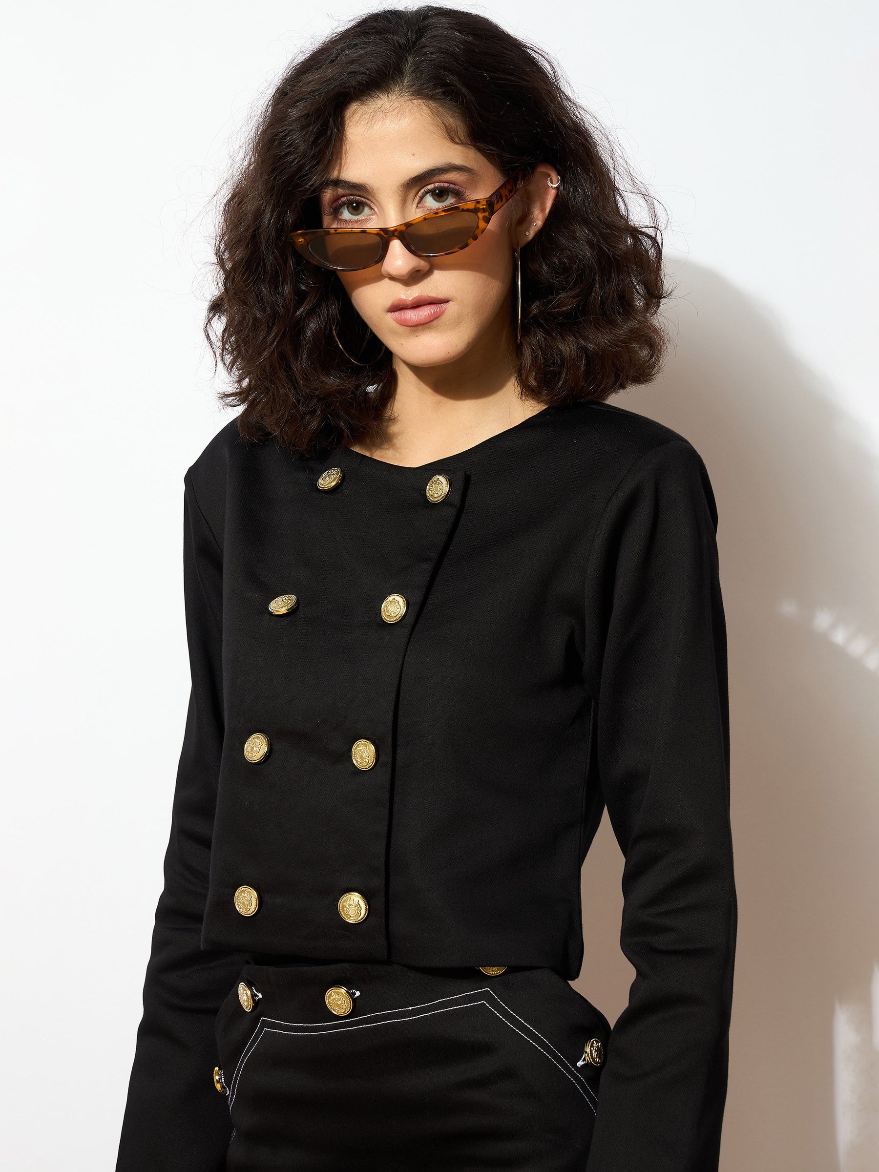 Black Twiill Double Breasted Crop Blazer-SASSAFRAS