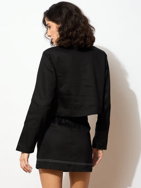 Black Twiill Double Breasted Crop Blazer-SASSAFRAS