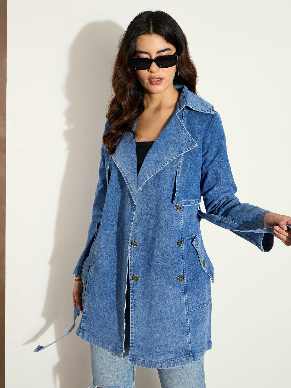 Blue Washed Denim Trench Coat-SASSAFRAS