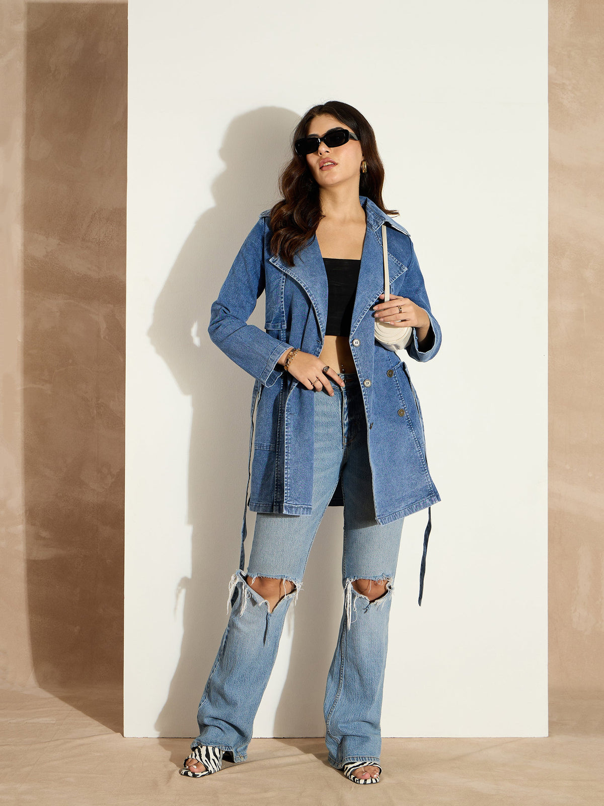 Blue Washed Denim Trench Coat-SASSAFRAS