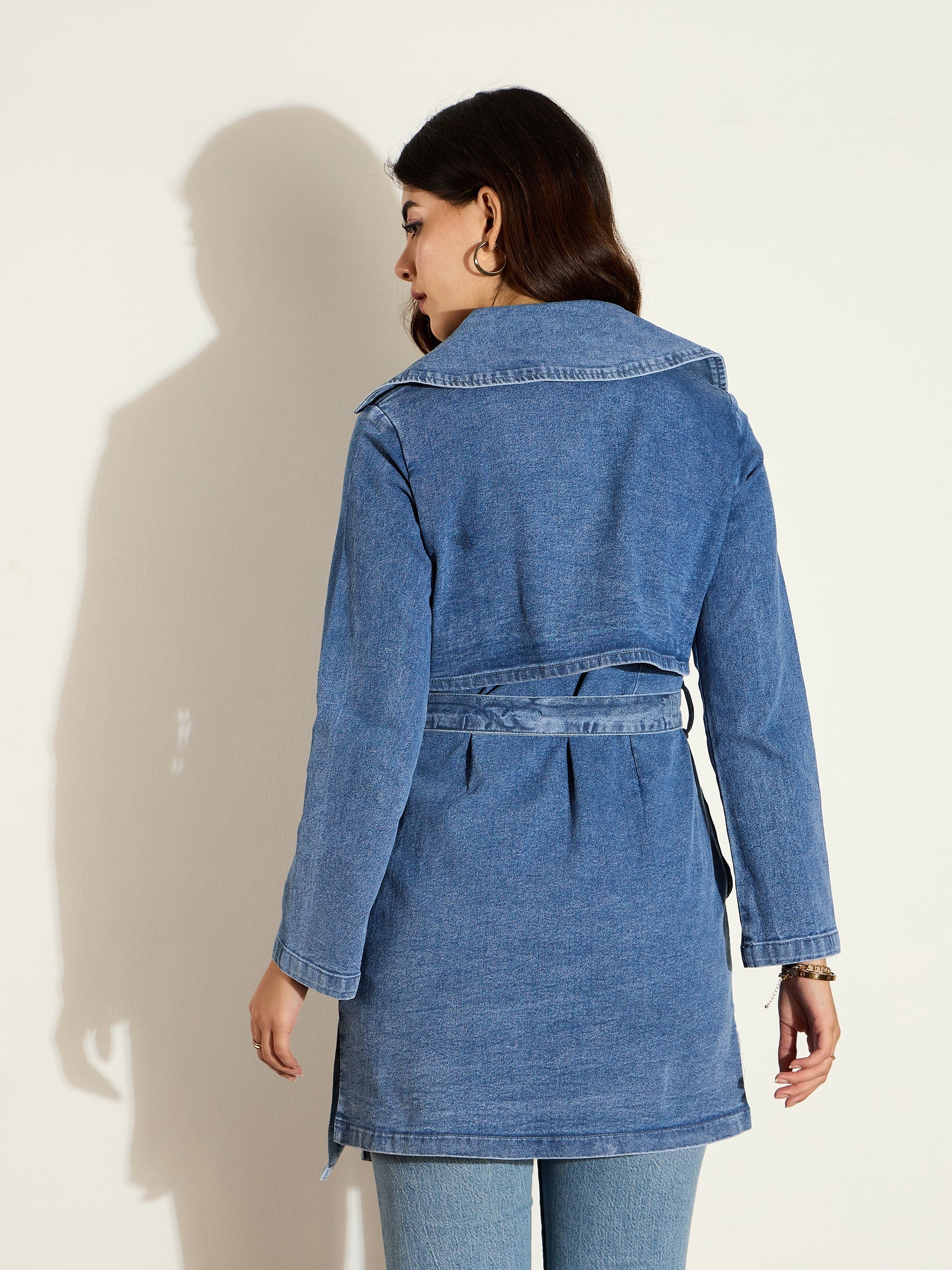 Blue Washed Denim Trench Coat-SASSAFRAS