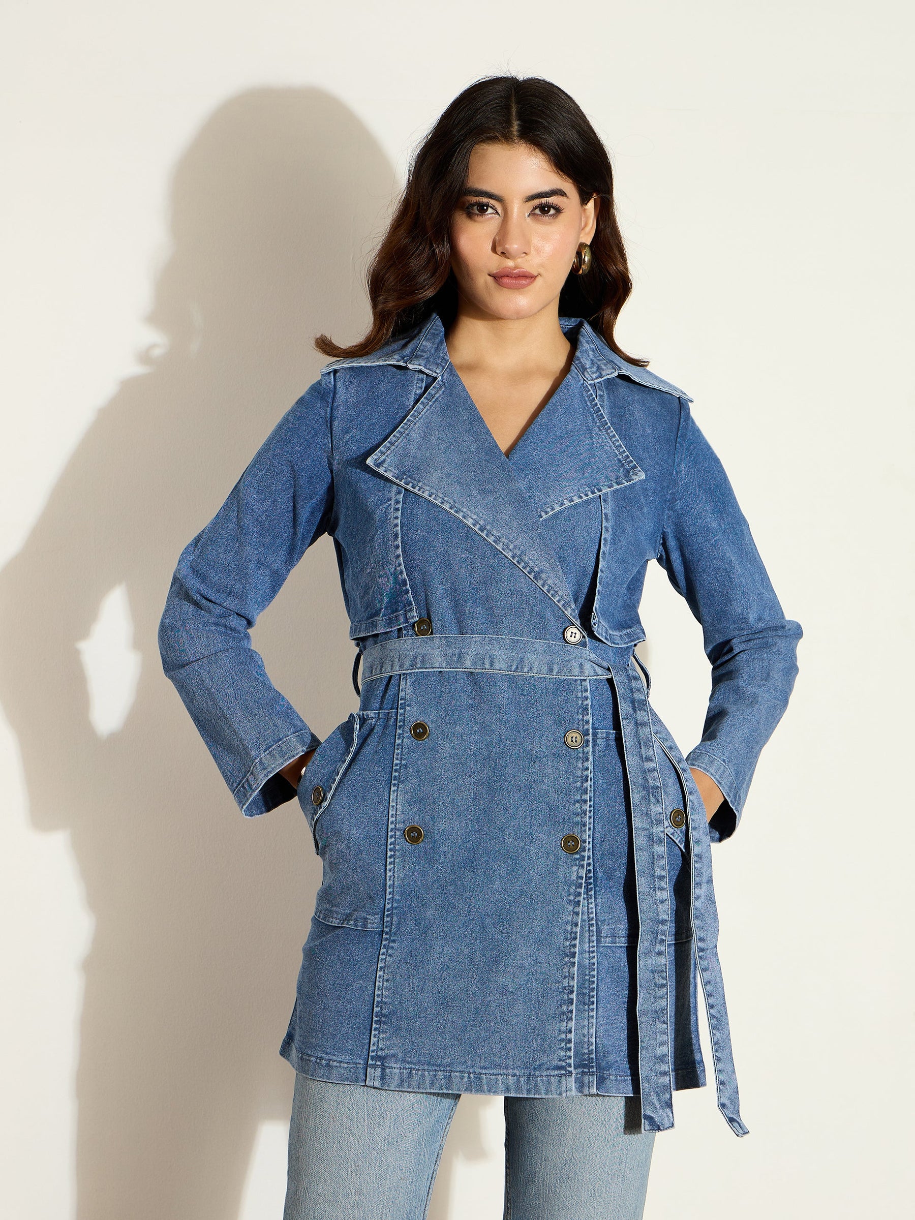 Blue Washed Denim Trench Coat-SASSAFRAS