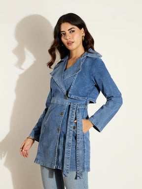 Blue Washed Denim Trench Coat-SASSAFRAS