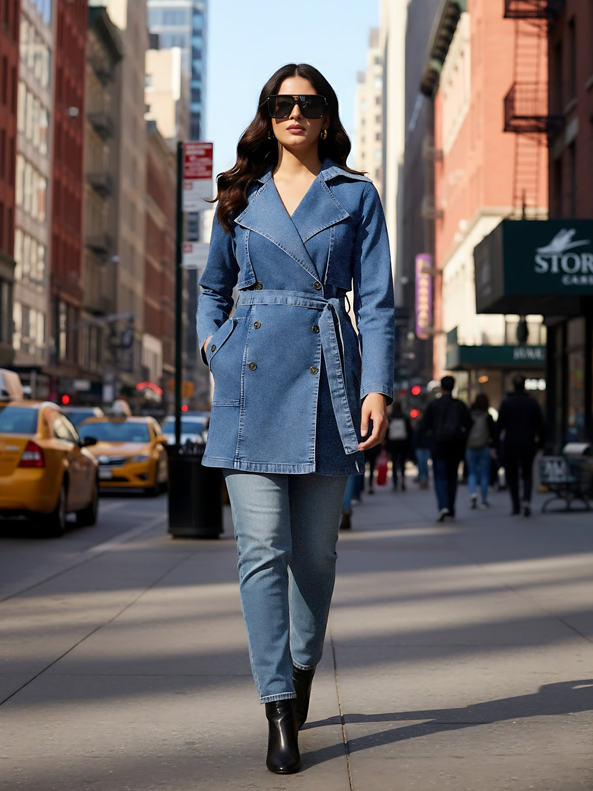 Women Blue Washed Denim Trench Coat