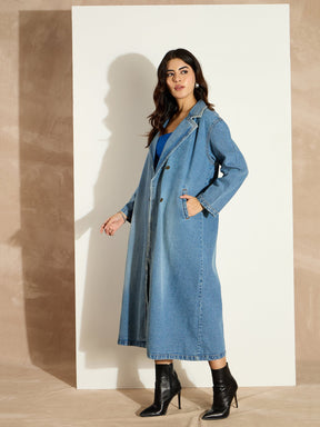 Blue Acid Washed Denim Over Coat-SASSAFRAS