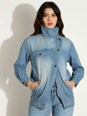 Blue Acid Washed Denim High Neck Jacket-SASSAFRAS