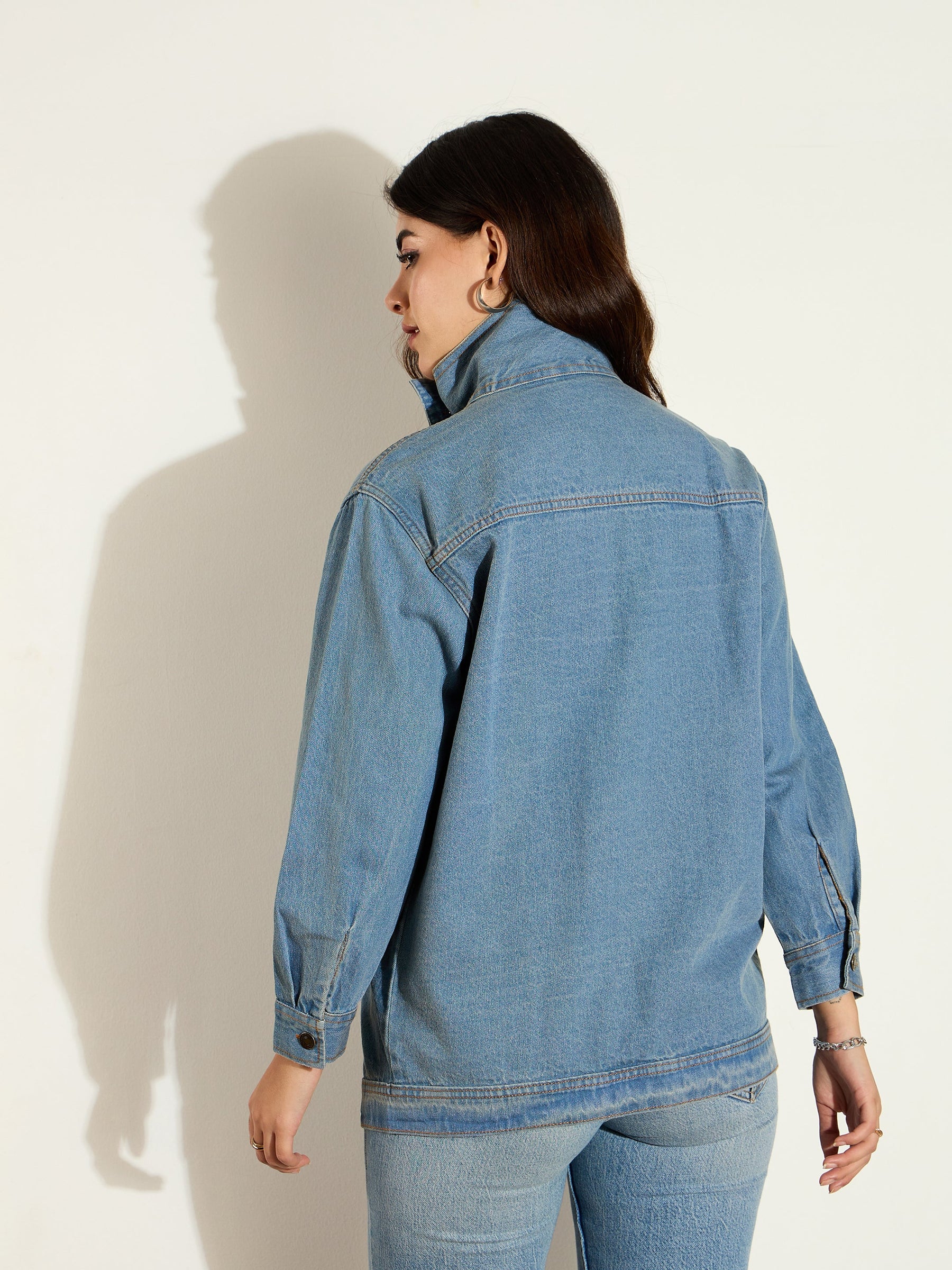 Blue Acid Washed Denim High Neck Jacket-SASSAFRAS