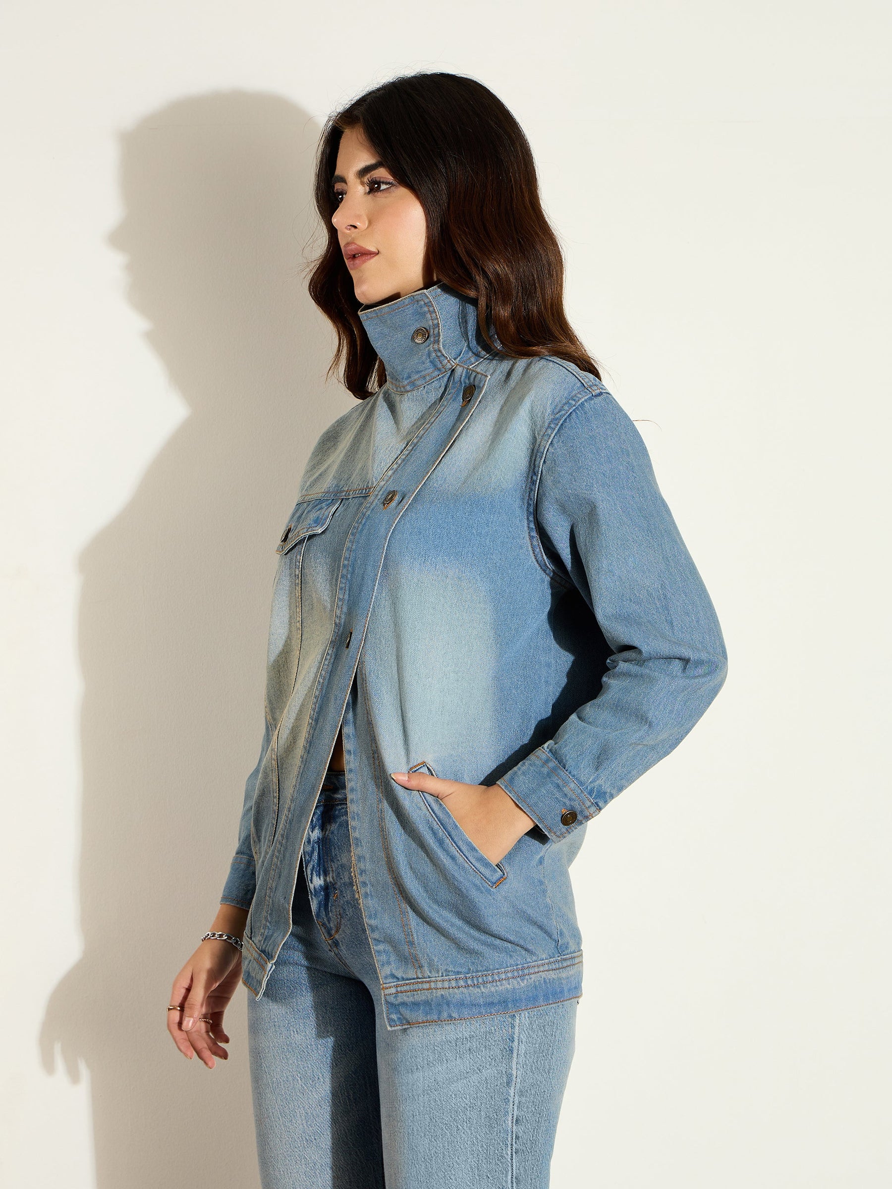 Blue Acid Washed Denim High Neck Jacket-SASSAFRAS