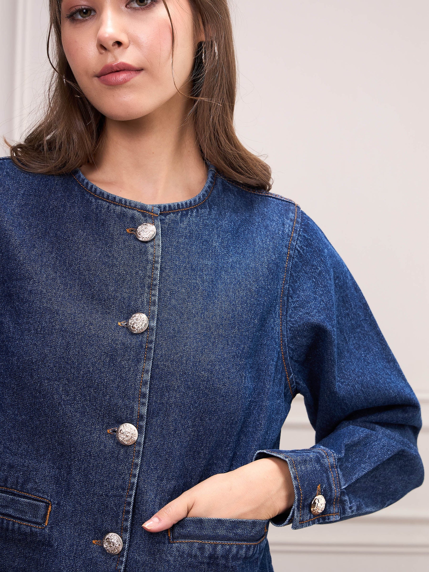 Blue Washed Denim Front Button Jacket-SASSAFRAS