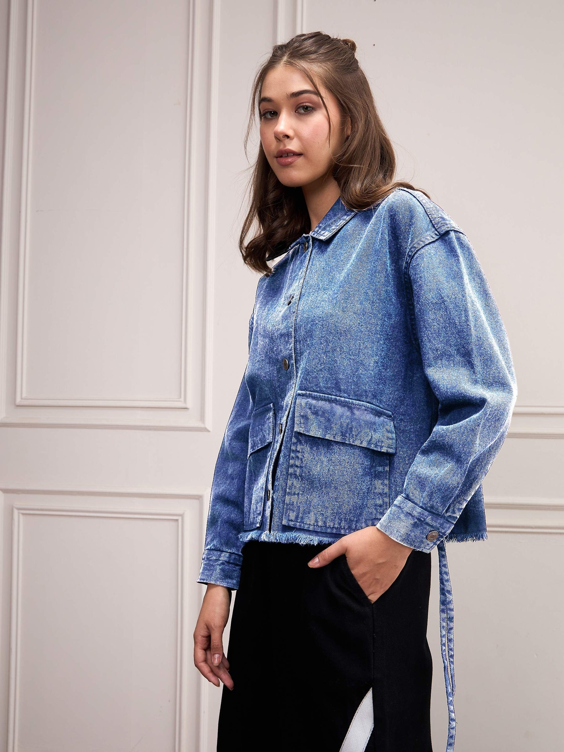 Blue Washed Denim Front Pocket Jacket-SASSAFRAS