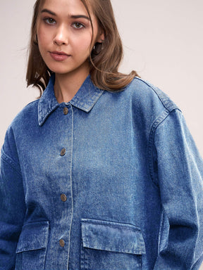 Blue Washed Denim Front Pocket Jacket-SASSAFRAS