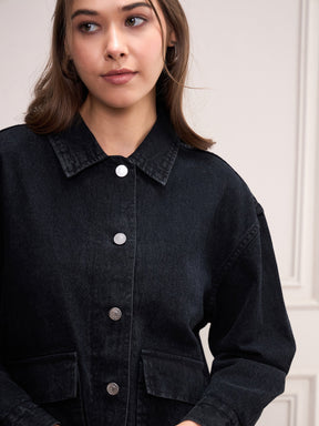 Black Washed Denim Front Pocket Jacket-SASSAFRAS