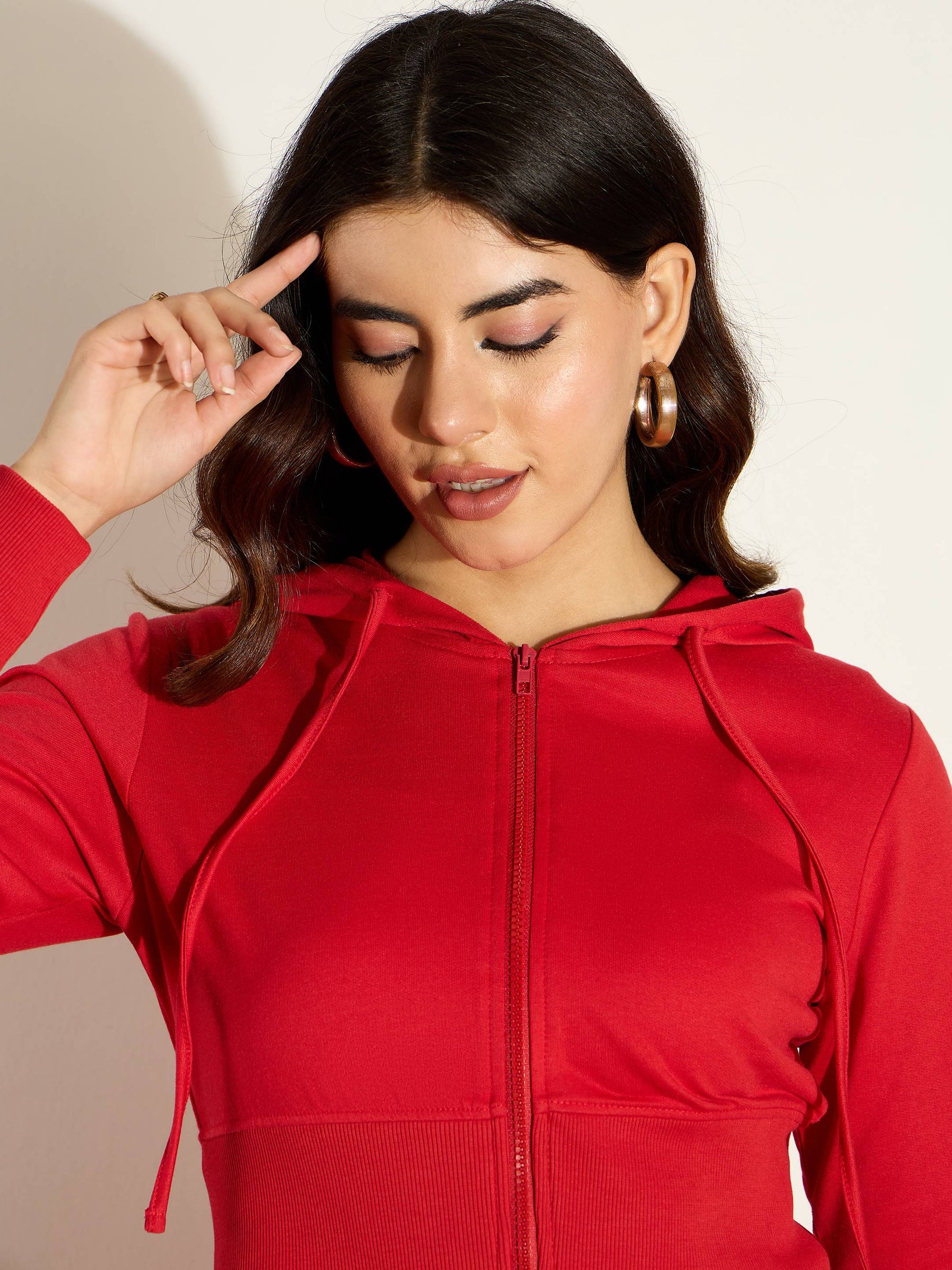 Red Terry Front Zipper Crop Jacket-SASSAFRAS