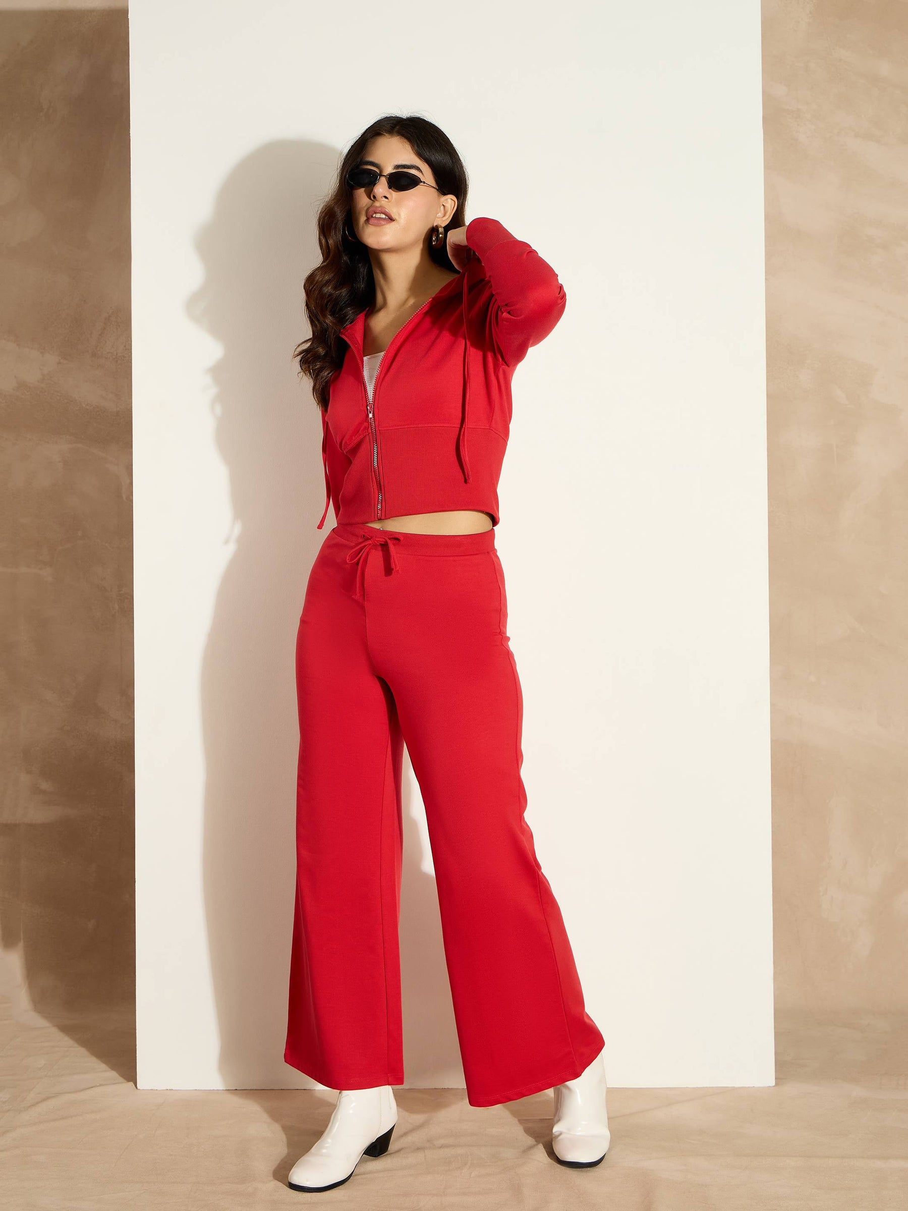 Red Terry Front Zipper Crop Jacket-SASSAFRAS