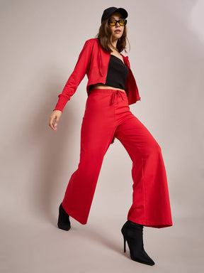 Red Terry Front Zipper Crop Jacket With Terry Pants-SASSAFRAS BASICS