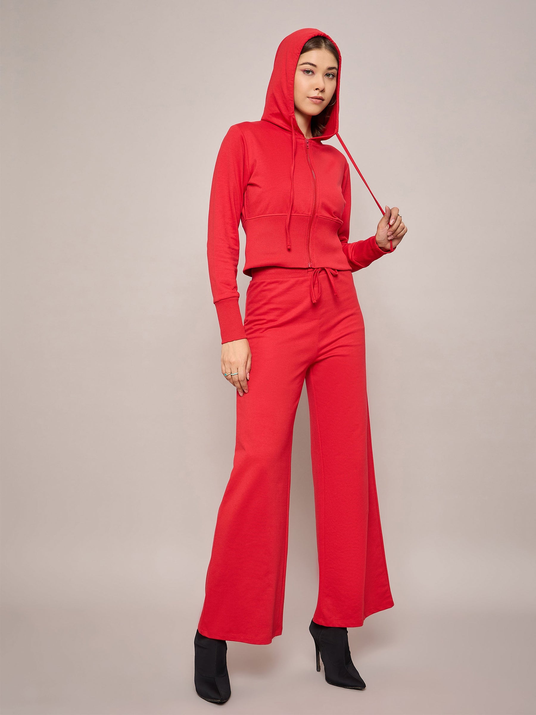 Red Terry Front Zipper Crop Jacket With Terry Pants-SASSAFRAS BASICS