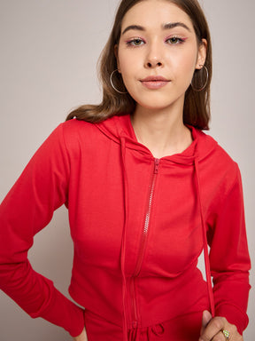 Red Terry Front Zipper Crop Jacket With Terry Pants-SASSAFRAS BASICS