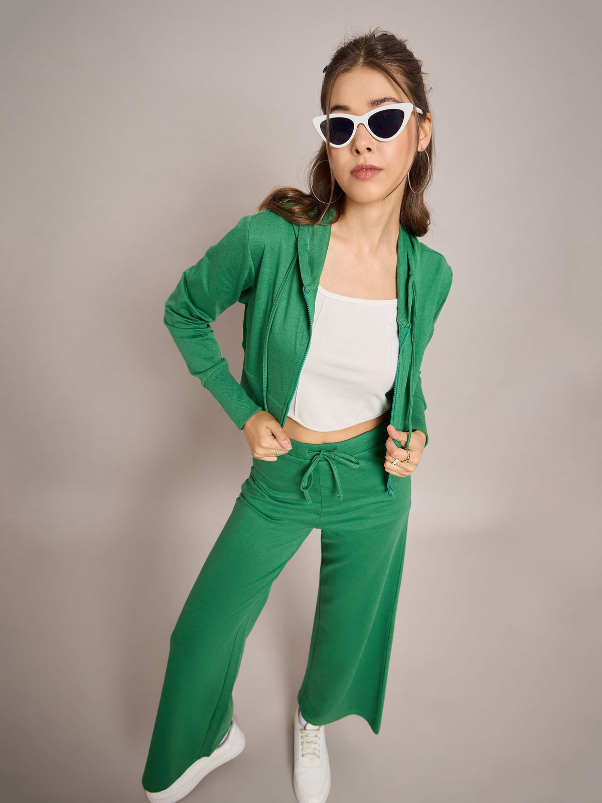 Green Terry Front Zipper Crop Jacket With Terry Pants-SASSAFRAS BASICS