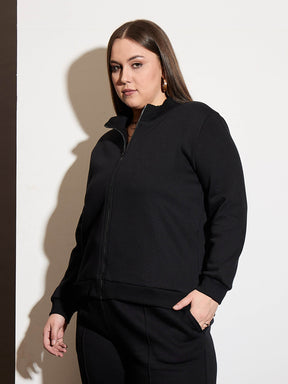 Black Fleece Front Open Zipper Jacket-SASSAFRAS Curve