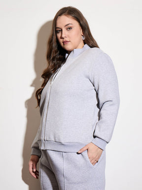 Grey Melange Front Open Zipper Jacket-SASSAFRAS Curve