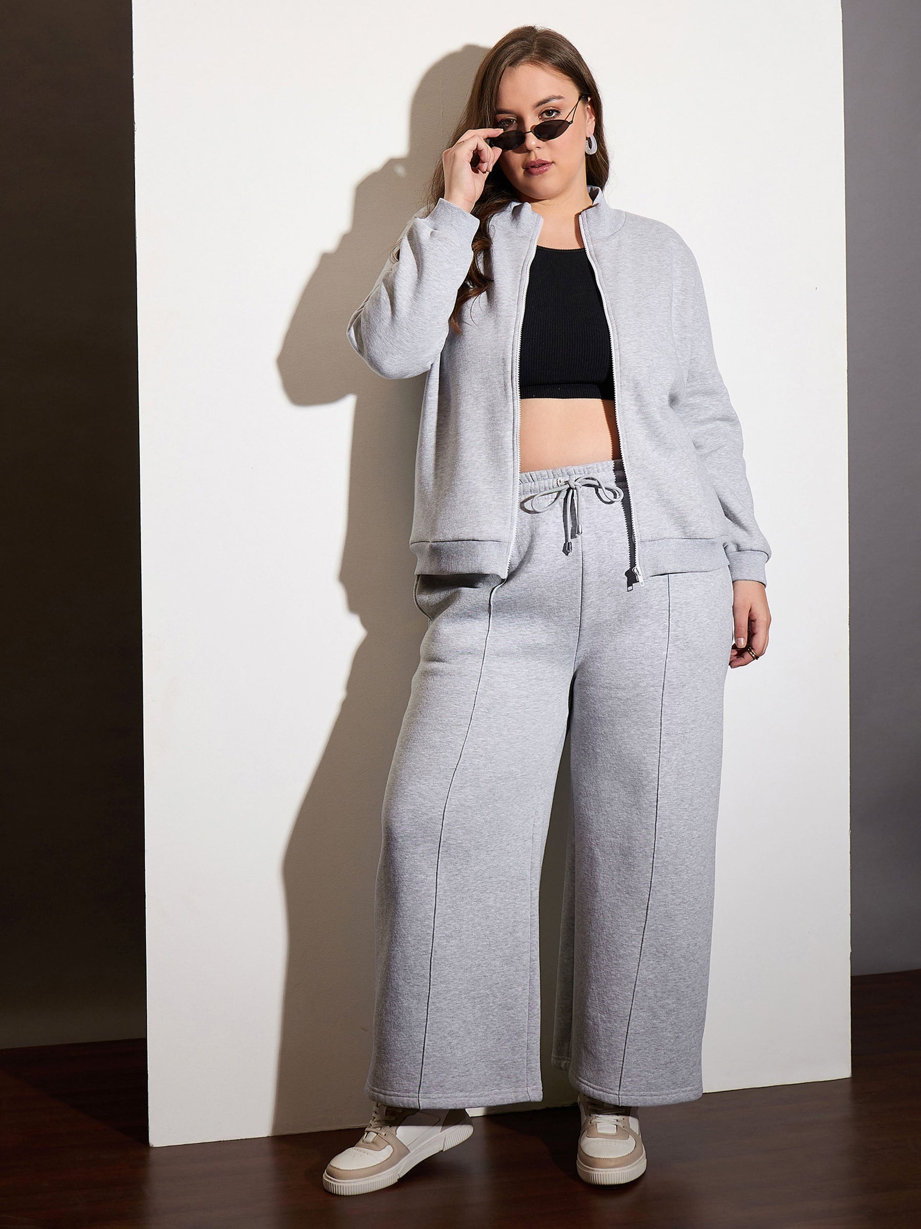 Grey Melange Fleece Front Zipper Jacket With Sweatpants -SASSAFRAS Curve