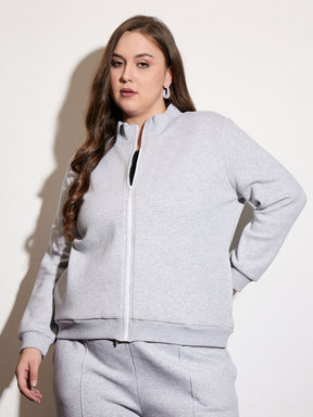 Grey Melange Fleece Front Zipper Jacket With Sweatpants -SASSAFRAS Curve