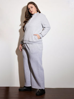 Grey Melange Fleece Front Zipper Jacket With Sweatpants -SASSAFRAS Curve